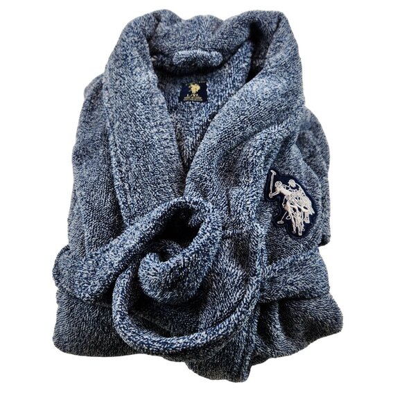 U.S. Polo Assn. Men’s Fleece Robe L/XL Blue Shawl Collar Belt Soft Cozy Spa - Picture 2 of 13